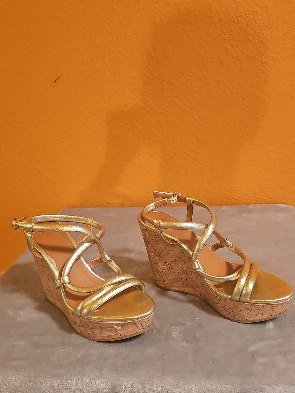 Super Fun! Gold Wedge Sandals with Cork Platform - Women